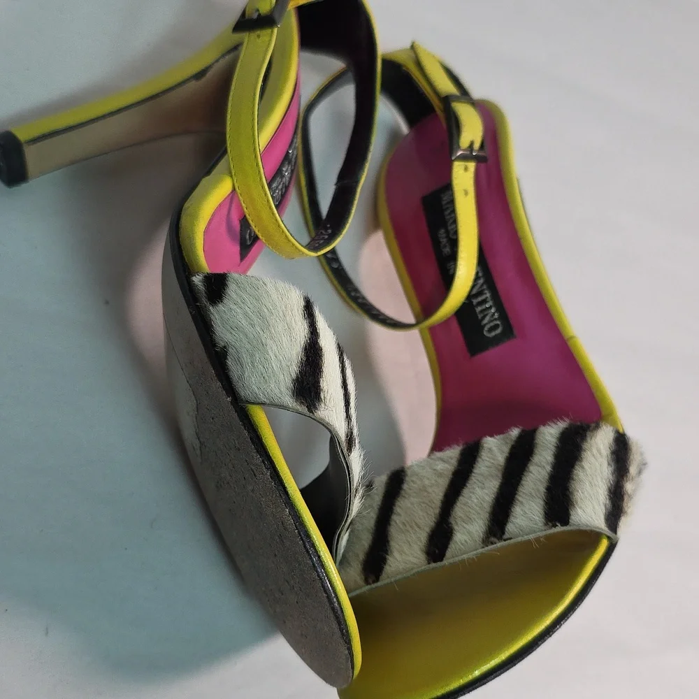 Mario Valentino Italy Zebra Print Calf Hair & Lime Green Leather Heel Sandals